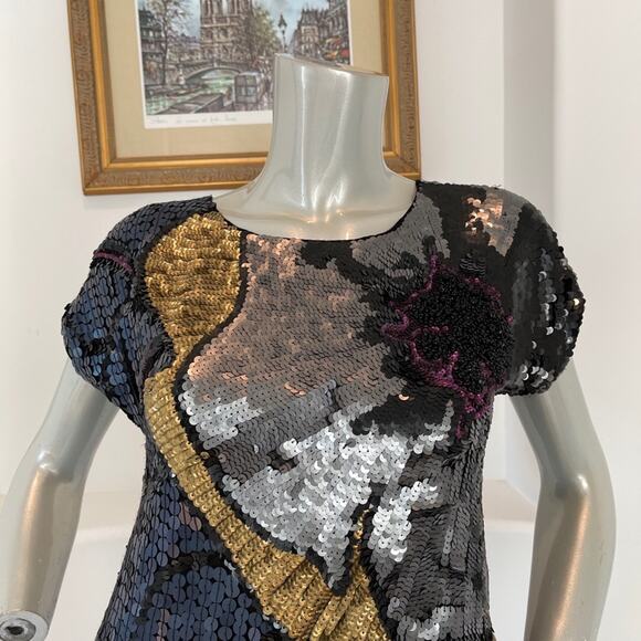 French Connection Navy Blue Gold Sequin Shift Mini Dress Cocktail Party Size 2 - Picture 5 of 15